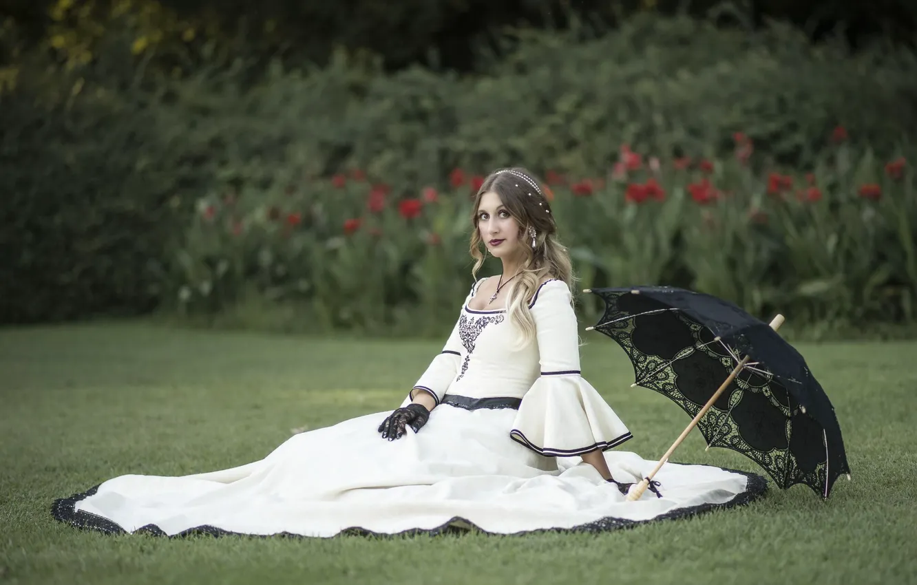 Photo wallpaper girl, umbrella, dress, gloves, bokeh