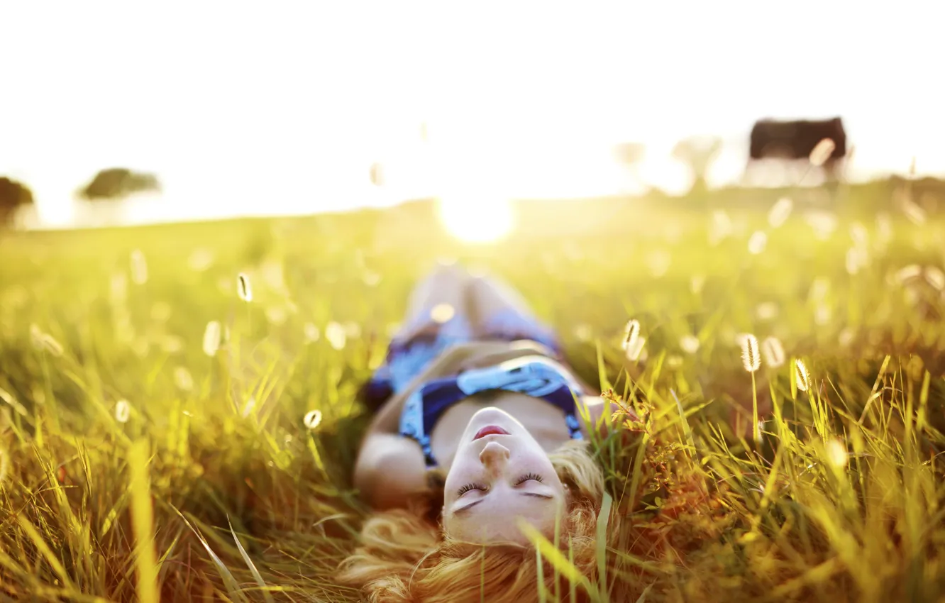 Photo wallpaper summer, grass, girl, stay, blonde