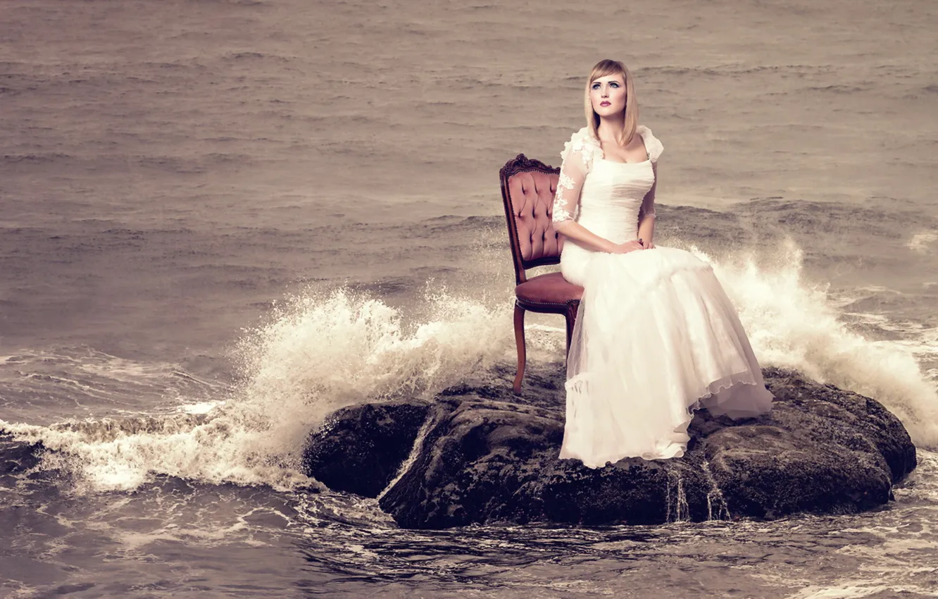 Photo wallpaper sea, girl, chair