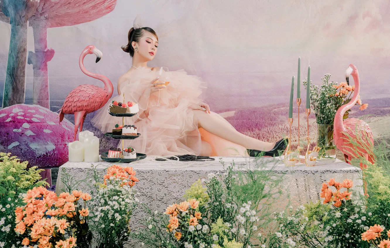 Photo wallpaper girl, decoration, flowers, pose, table, glass, candles, necklace