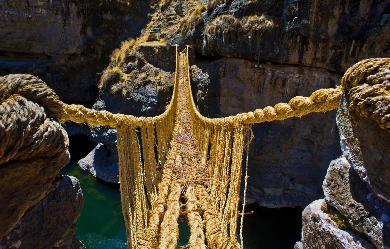 Photo wallpaper mountains, river, rocks, canyon, gorge, Peru, rope bridge, Q'iswa Chaka