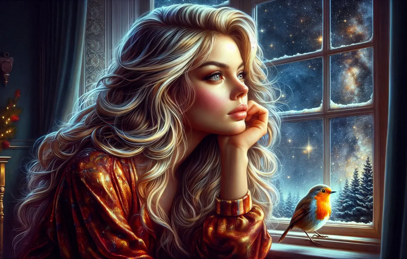 Photo wallpaper winter, forest, dream, girl, stars, light, night, room