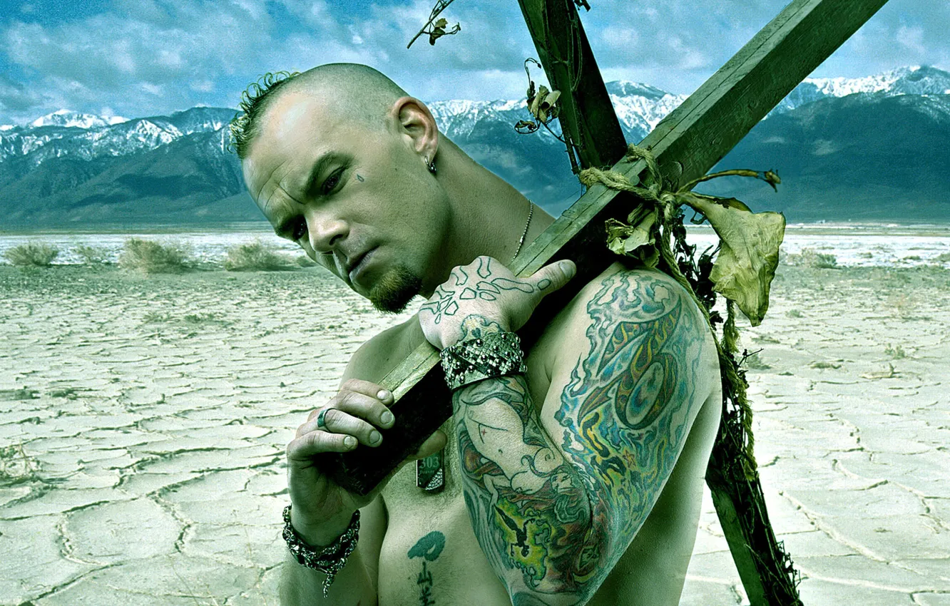 Photo wallpaper Ivan Moody, Five Finger Death Punch, Bracelets, Vocalist Rook Bands "Five Finger Death Punch", cross, …
