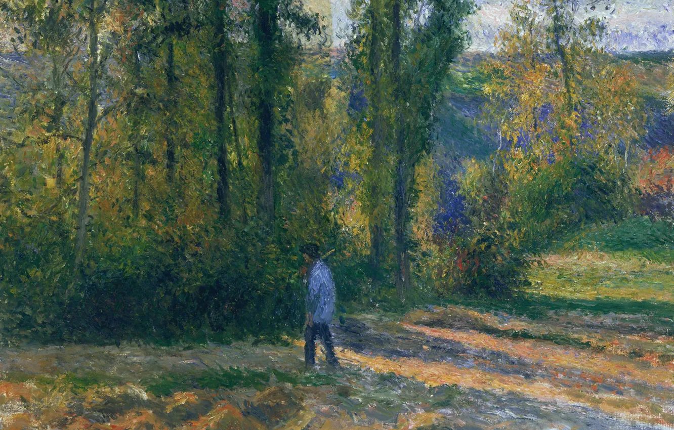 Photo wallpaper forest, trees, nature, picture, Camille Pissarro, Landscape with Hunter in PONTOISE