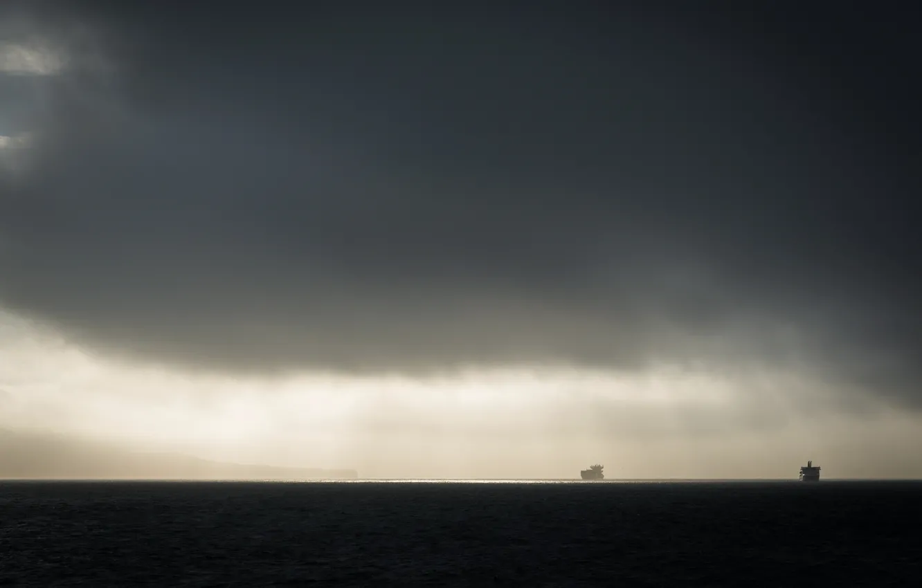 Photo wallpaper sea, landscape, fog, ships