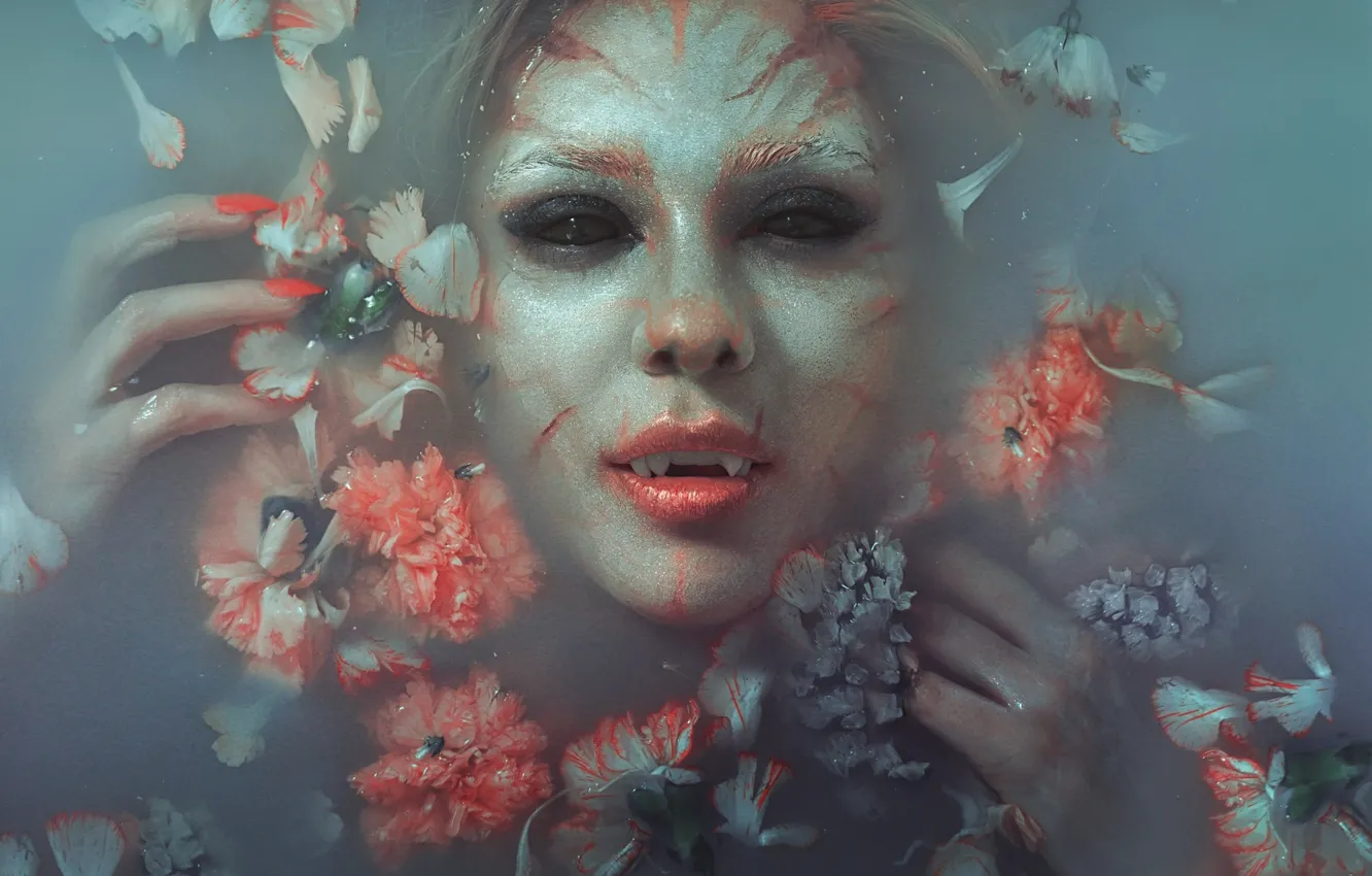 Photo wallpaper flowers, vampire, makeup, water, face, model