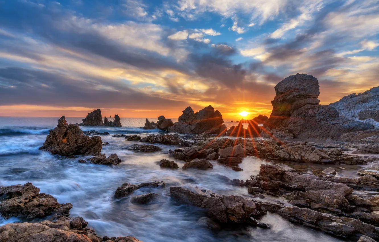 Photo wallpaper sea, the sky, sunset, stones, rocks, shore