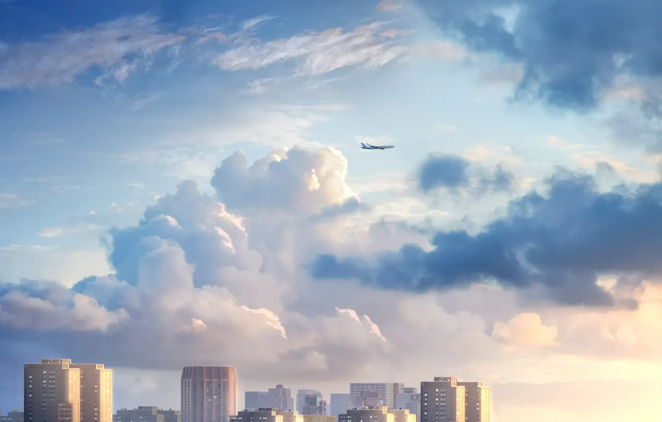 Photo wallpaper the sky, clouds, the city, the plane