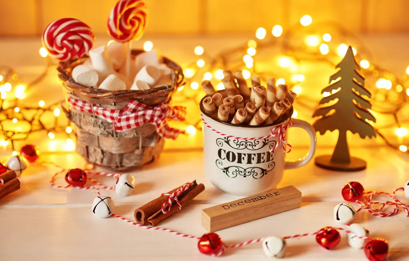 Photo wallpaper sticks, Christmas, Cup, cinnamon, decor, caramel, marshmallows, Yarovoy Aleksandr