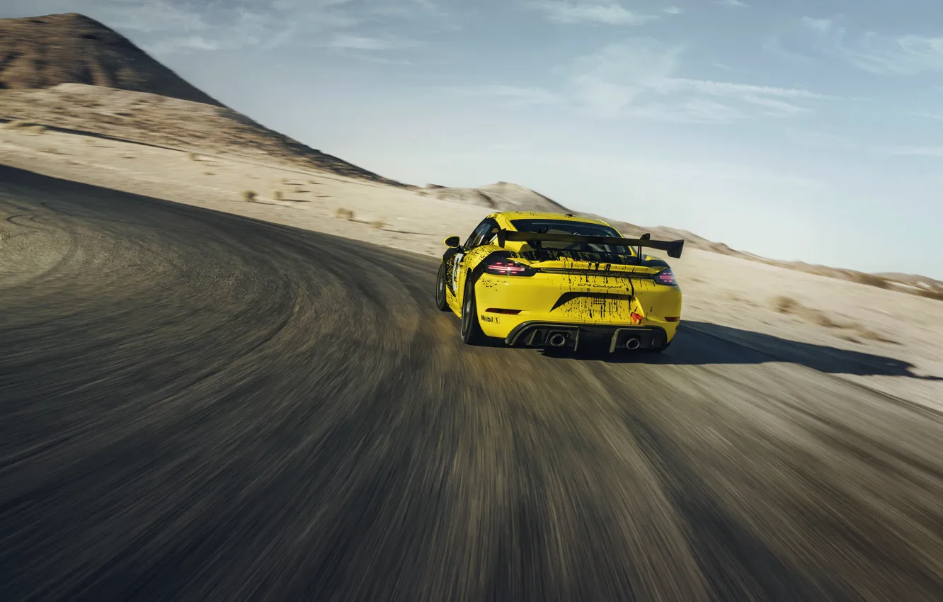 Photo wallpaper coupe, speed, Porsche, turn, Cayman, 718, 2019, black-yellow