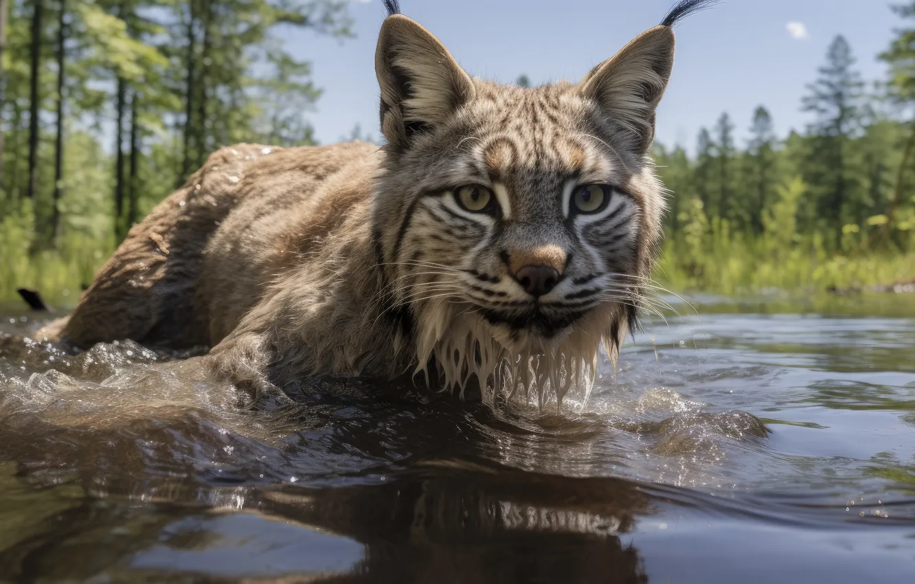 Photo wallpaper Water, Look, Trees, Face, Predator, Lynx, Digital art, Big cat