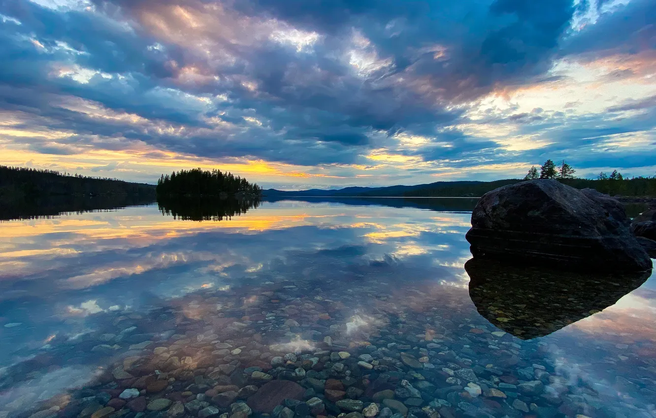 Photo wallpaper clouds, blue, stones, rocks, dal, pond