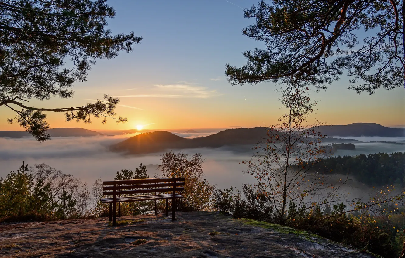 Photo wallpaper sunset, mountains, fog, bench