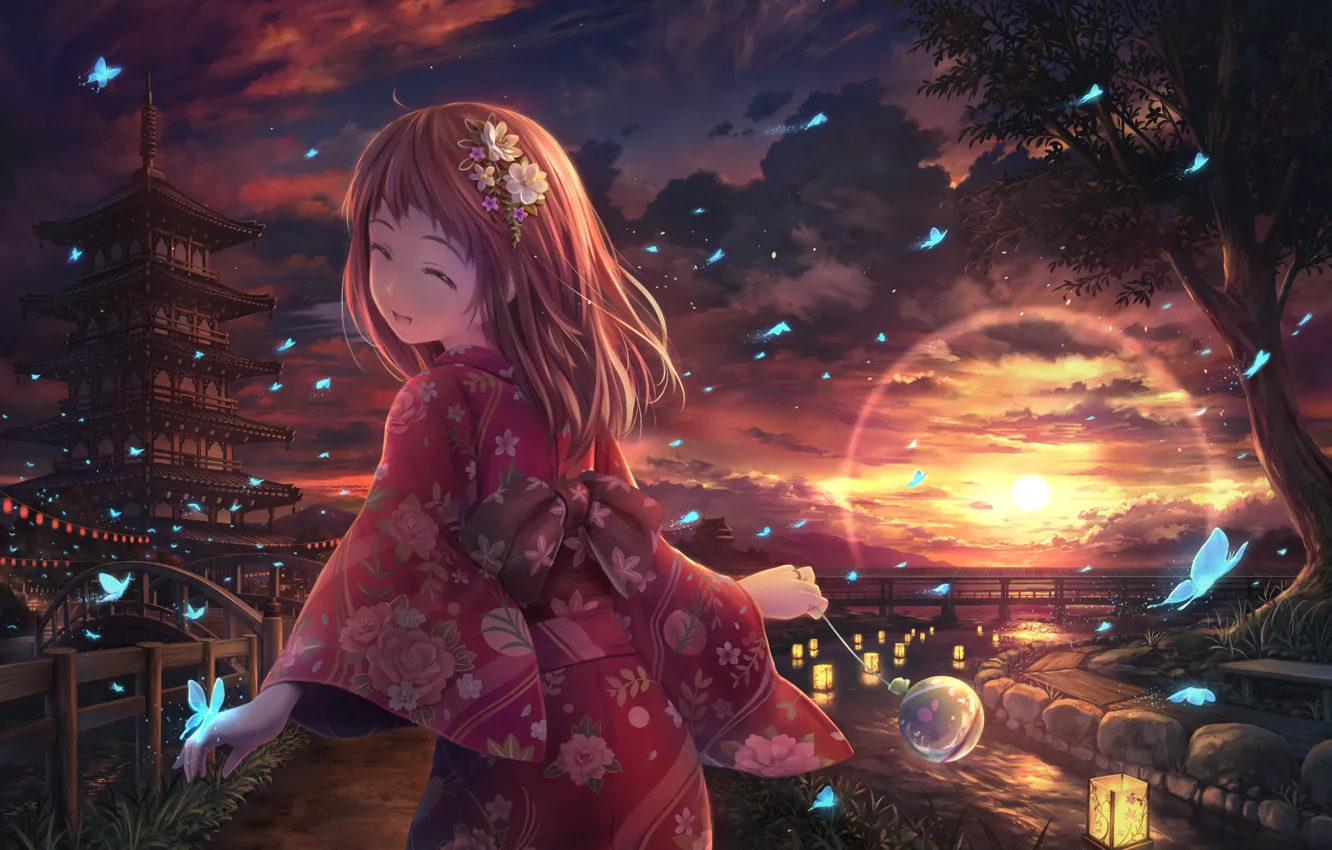 Photo wallpaper girl, butterfly, sunset, kimono, Soraizumi