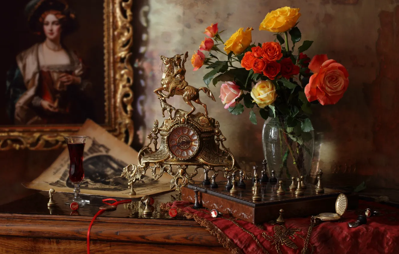 Photo wallpaper wine, watch, roses, bouquet, picture, chess, rider, glass
