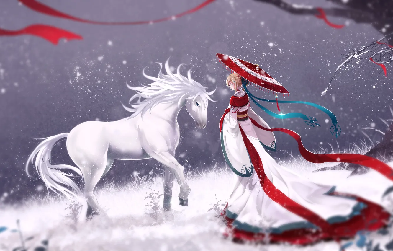 Photo wallpaper winter, girl, snow, trees, smile, horse, umbrella, yukata