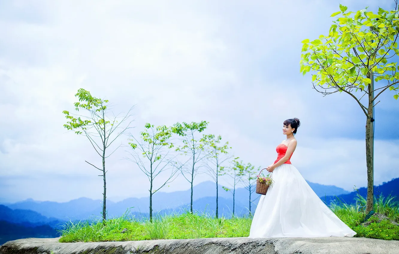 Photo wallpaper girl, landscape, Asian