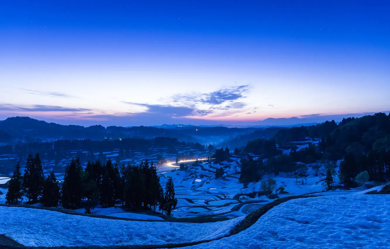 Photo wallpaper winter, road, snow, trees, mountains, lights, the evening, valley
