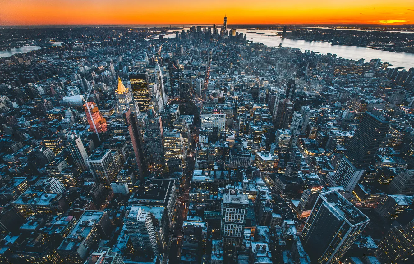 Photo wallpaper sunset, the city, home, skyscrapers, USA, NYC, panorama