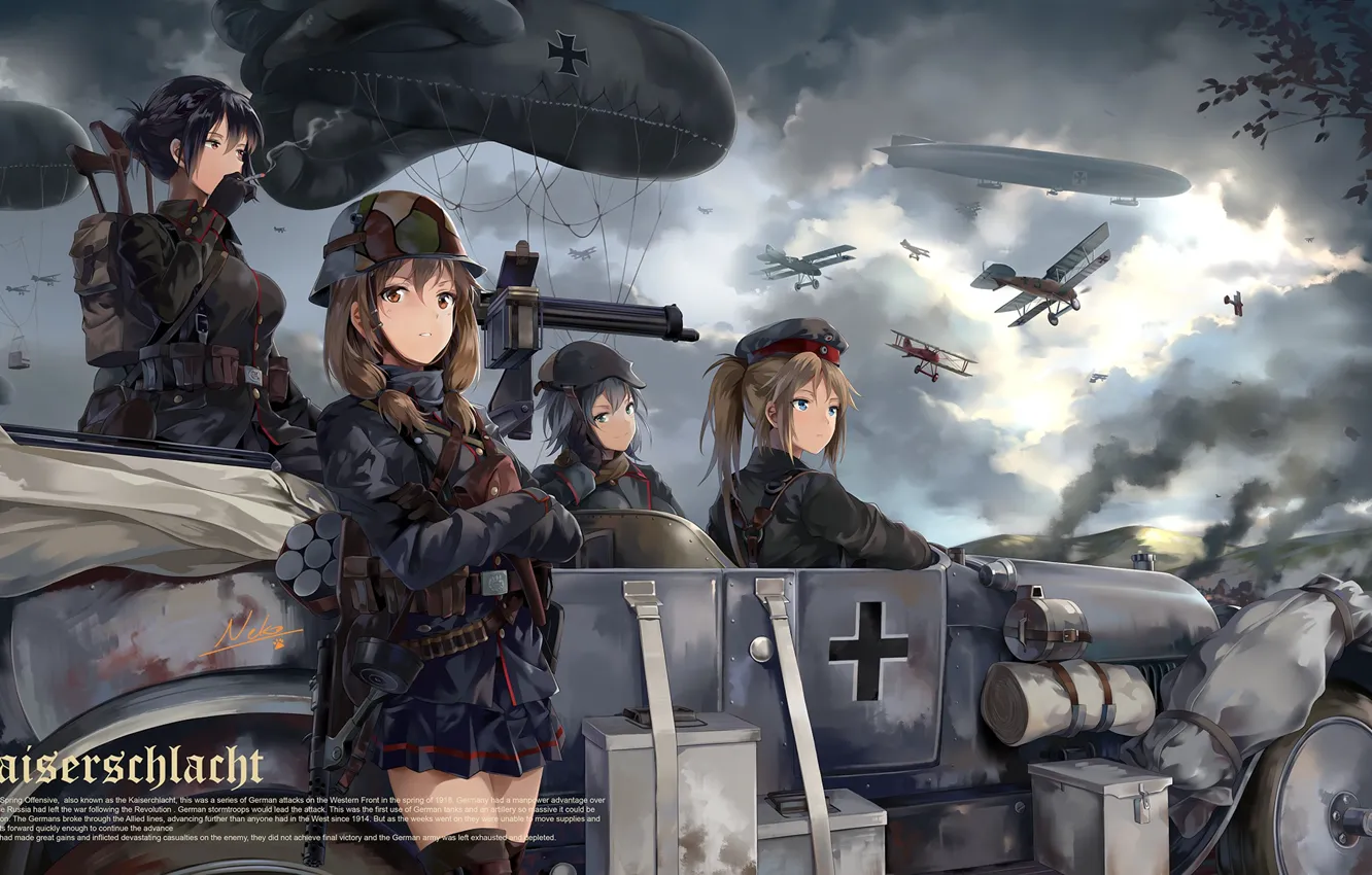 Photo wallpaper art, soldiers, girl, battlefield