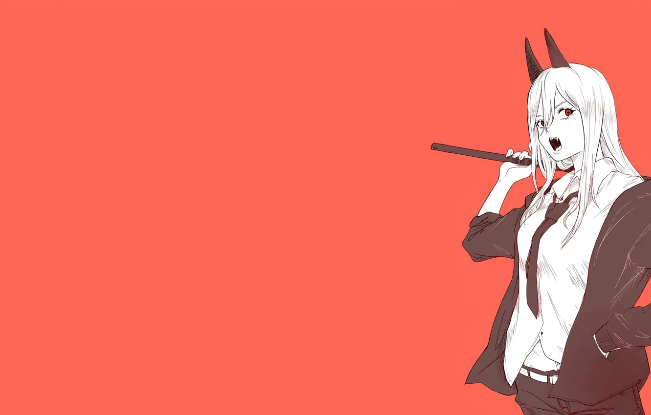 Photo wallpaper girl, background, tie, fangs, shirt, Power, red background, horns