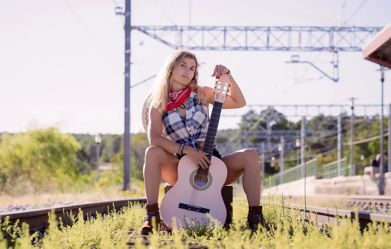 Photo wallpaper girl, guitar, railroad