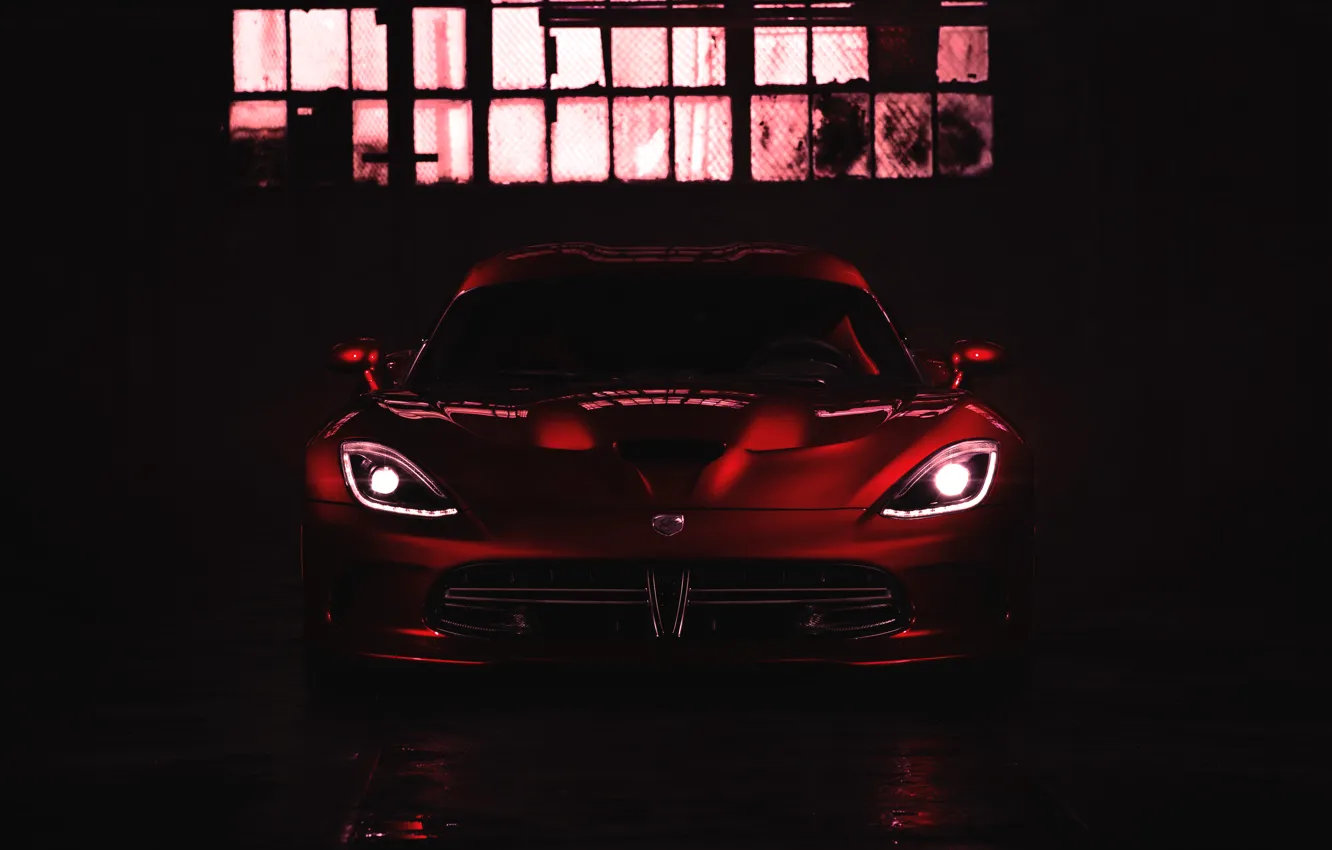 Photo wallpaper Red, Auto, Machine, Dodge, The hood, Dodge, Lights, viper