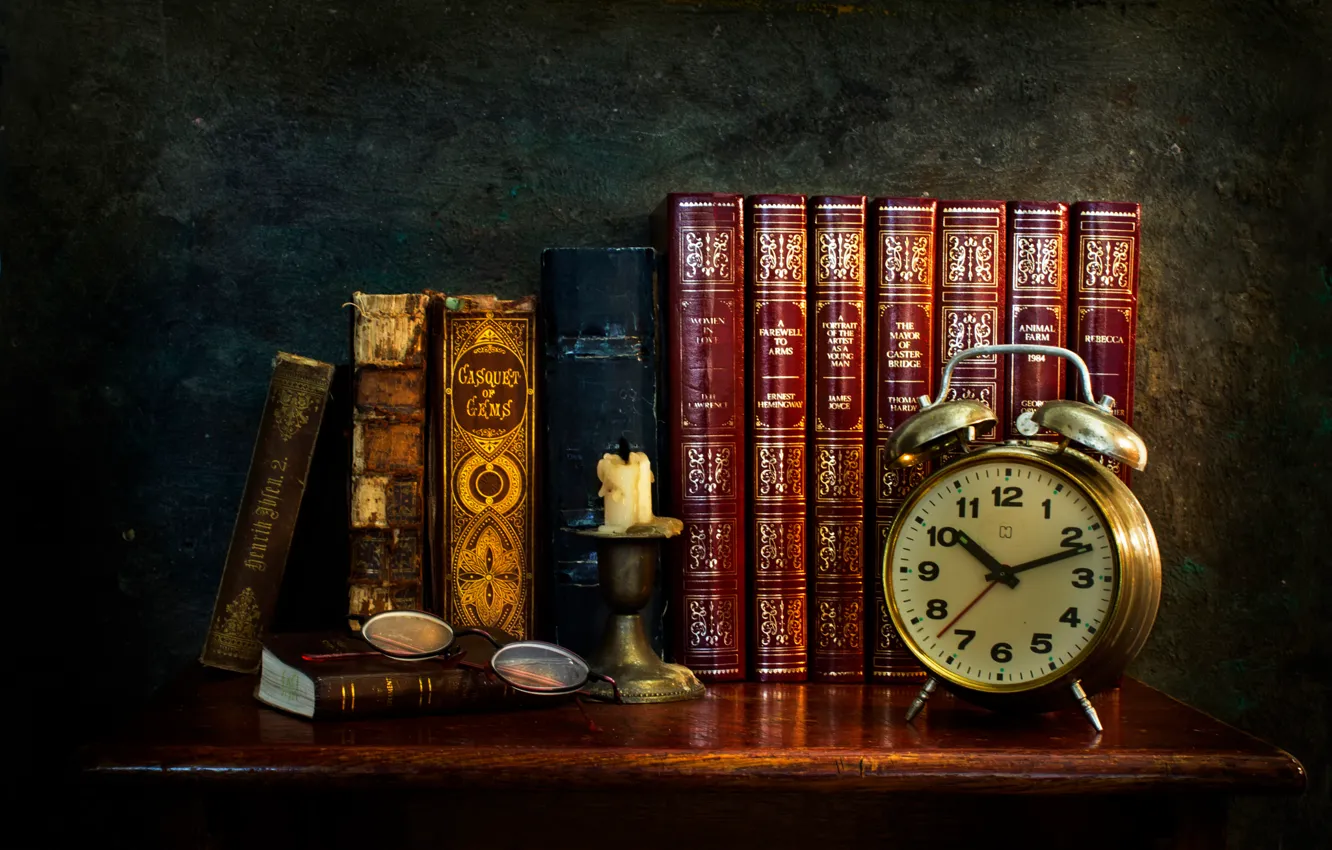 Photo wallpaper watch, candles, glasses, book, Echoes Of The Past