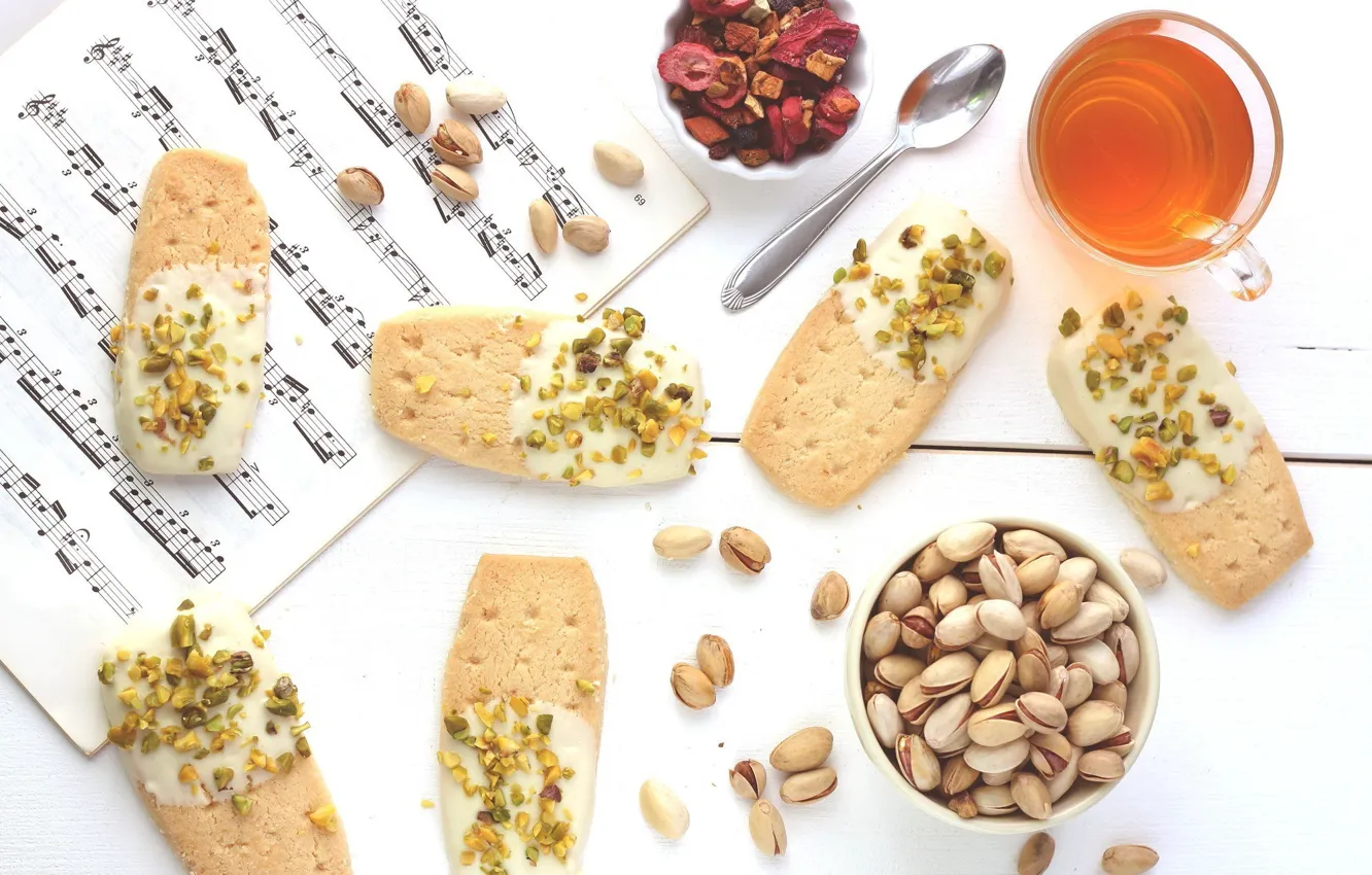 Photo wallpaper pistachios, tea, sweet, food, cake