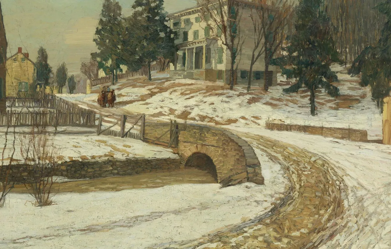 Photo wallpaper winter, road, snow, landscape, bridge, picture, the white house, Edward Willis Redfield