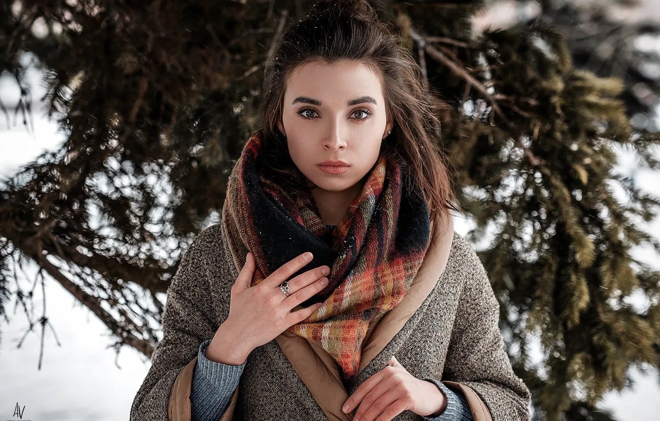 Photo wallpaper winter, look, girl, snow, scarf, photographer, shawl, Model