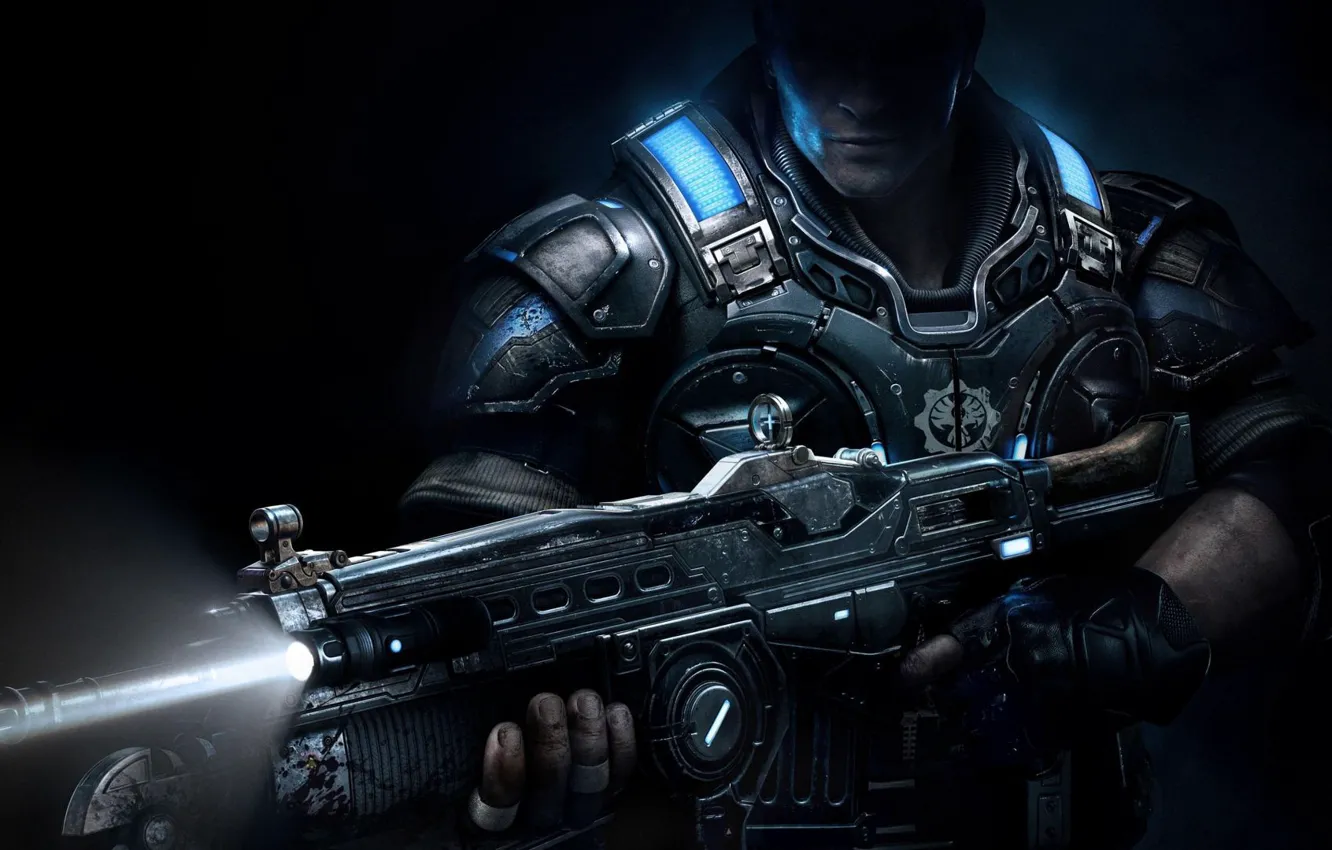 Photo wallpaper the dark background, weapons, the game, protection, warrior, backlight, machine, game