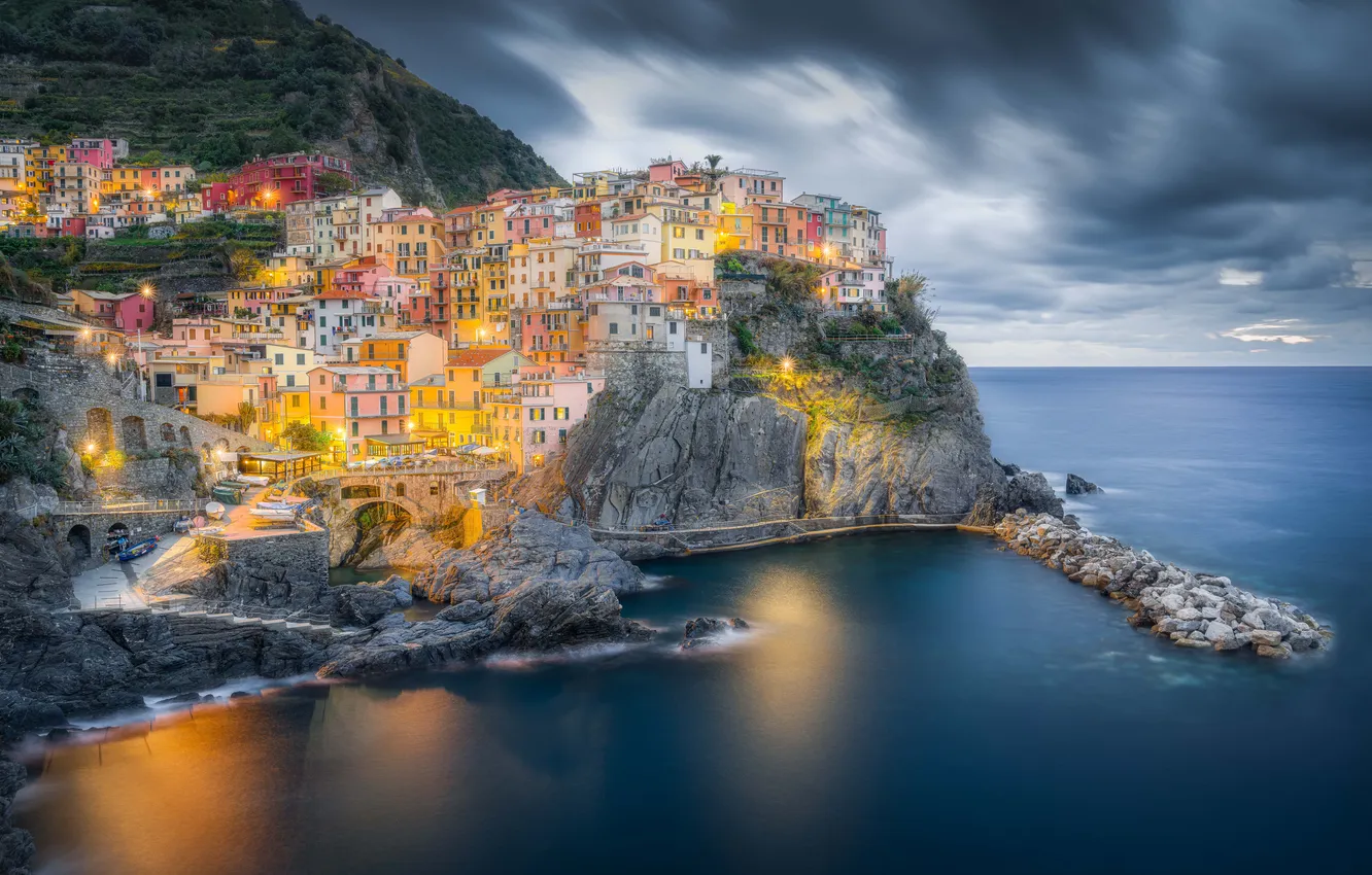 Photo wallpaper sea, the sky, clouds, mountains, clouds, the city, stones, rocks