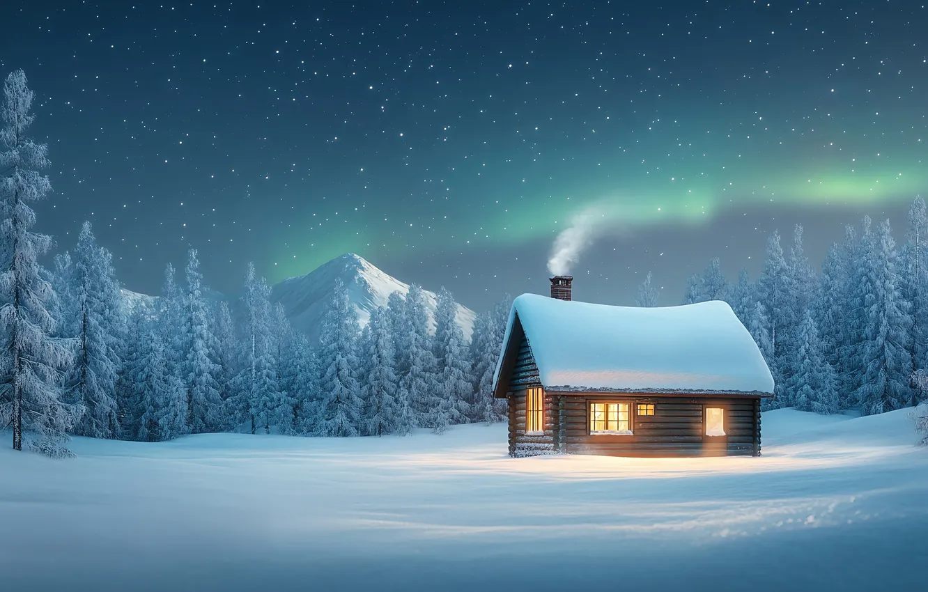 Photo wallpaper winter, forest, snow, new year, Northern lights, Christmas, house, AI art