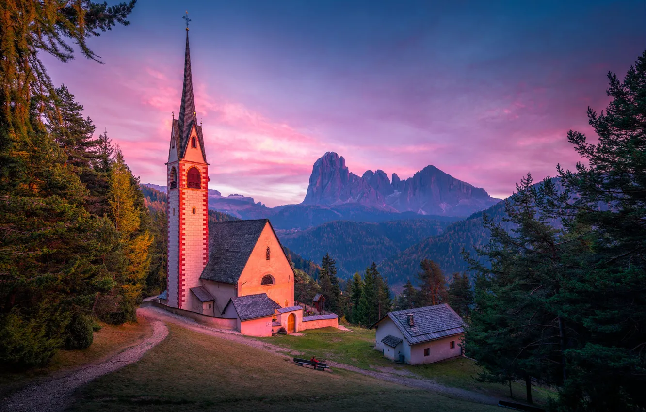 Photo wallpaper autumn, landscape, sunset, mountains, nature, Italy, track, Church
