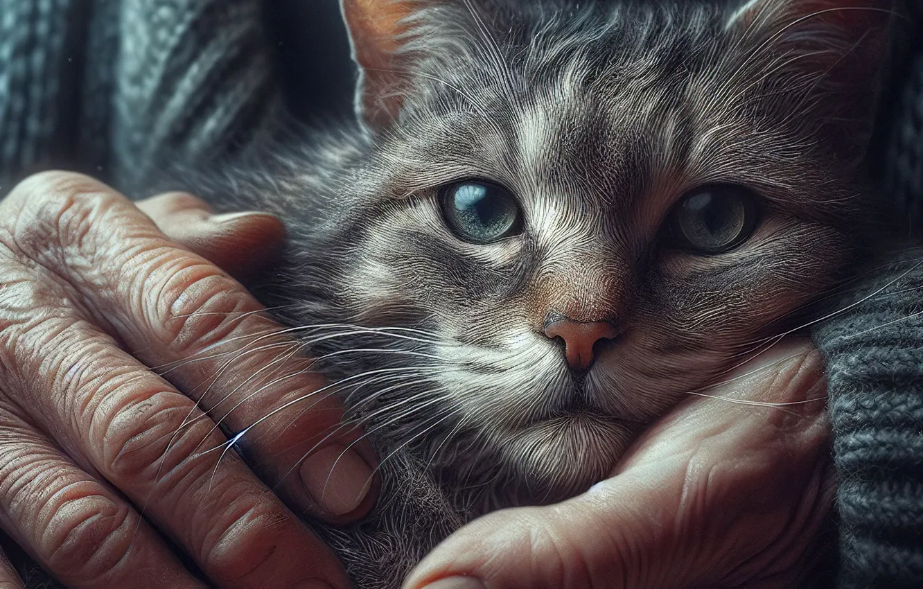 Photo wallpaper cat, cat, look, pose, grey, portrait, hands, grandfather