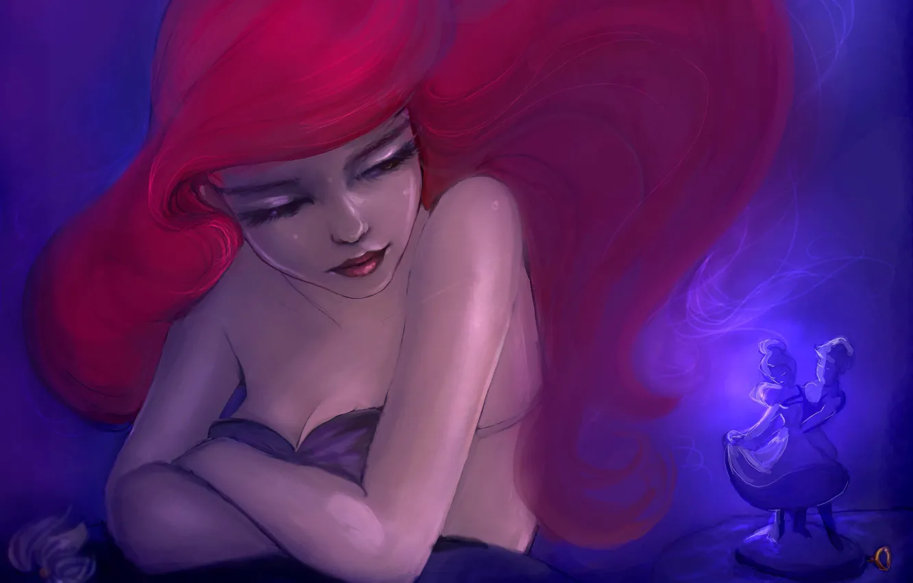 Photo wallpaper look, cartoon, hands, figurine, the little mermaid, red hair, Disney