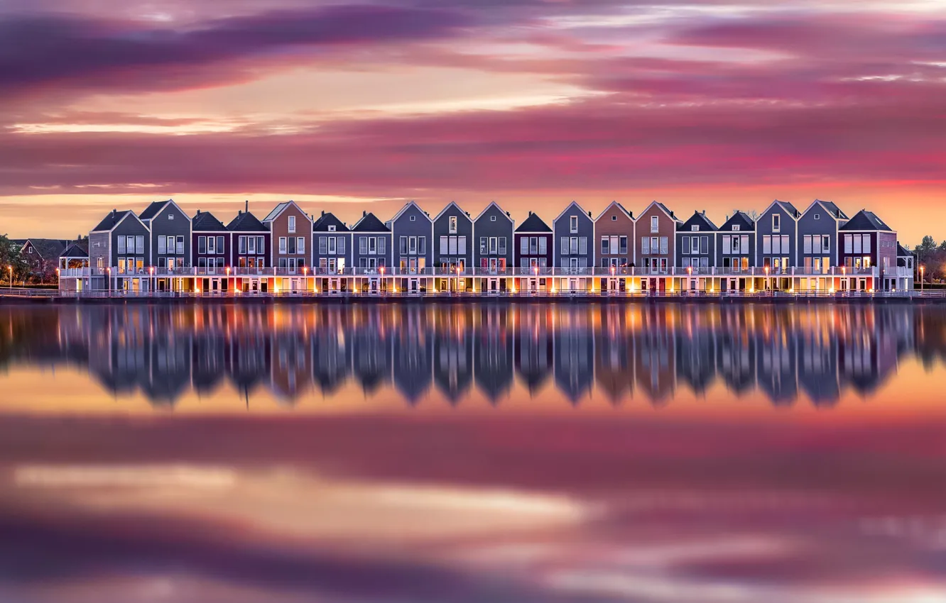 Photo wallpaper water, reflection, lights, home, the evening, morning, Netherlands