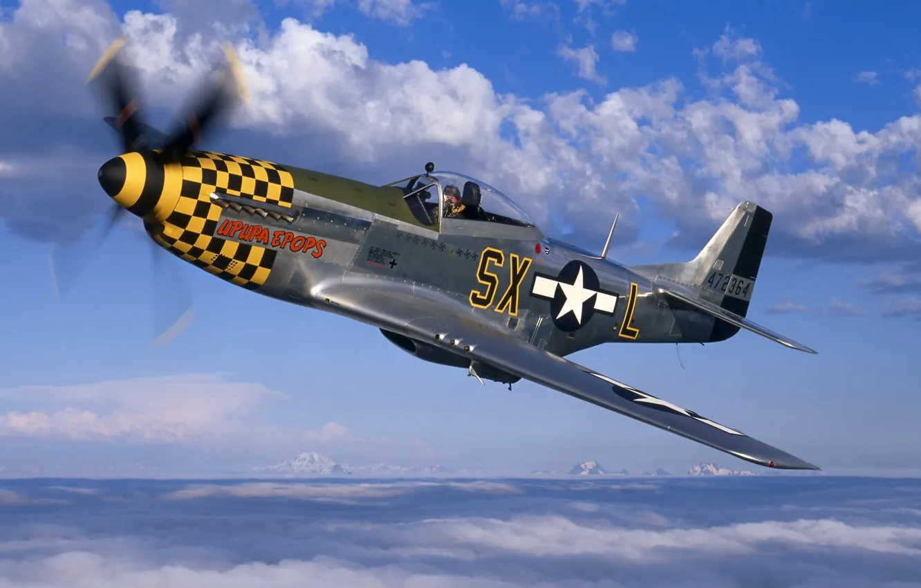 Photo wallpaper the sky, clouds, Mustang, Mustang, fighter, propeller, the plane, P-51