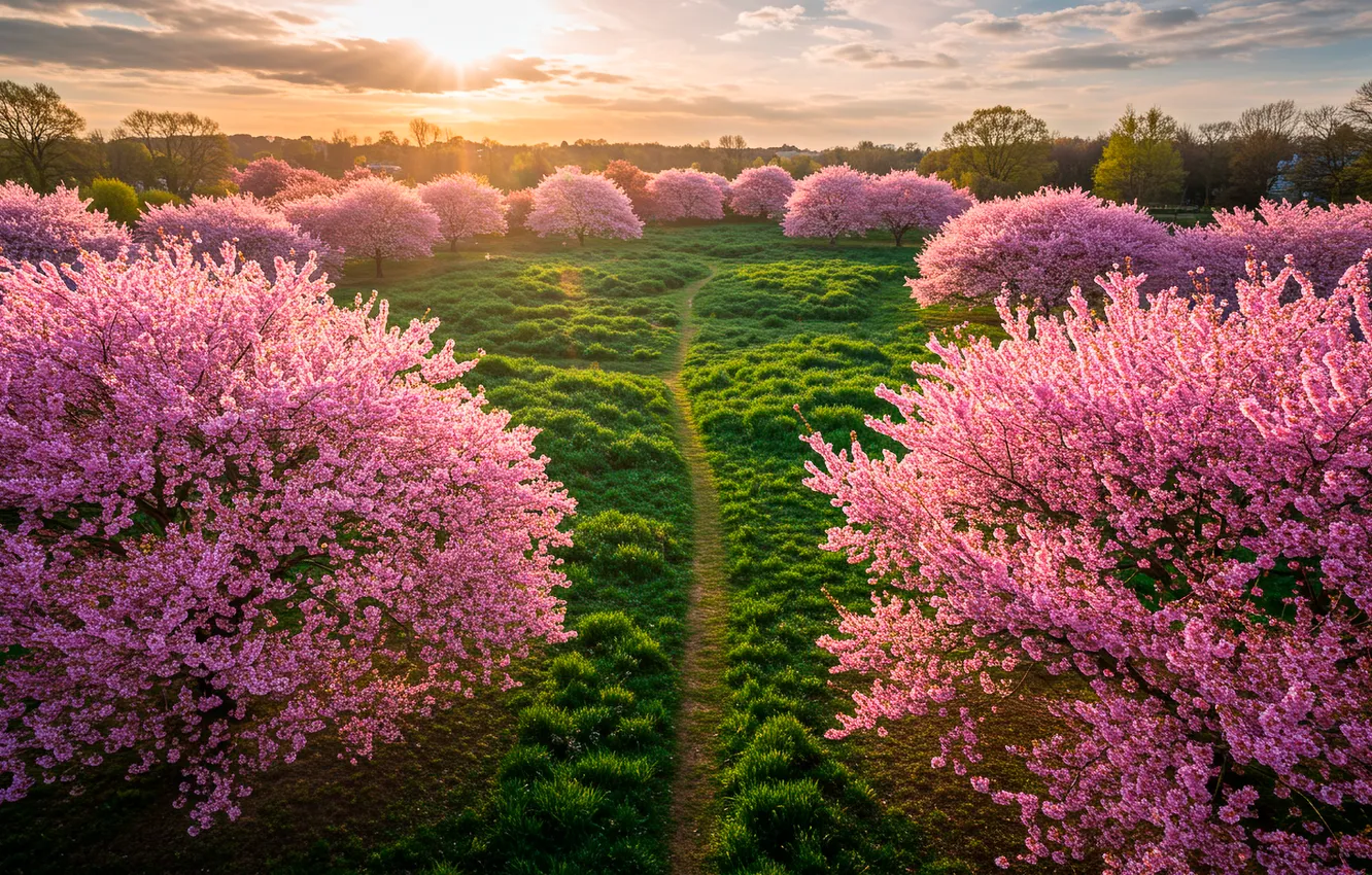 Photo wallpaper the sky, grass, clouds, sunset, flowers, Wallpaper, spring, garden