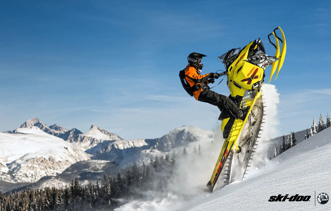 Photo wallpaper Mountain, Yellow, Summit, Snowmobile, Snowmobile, Buck, Ski Doo