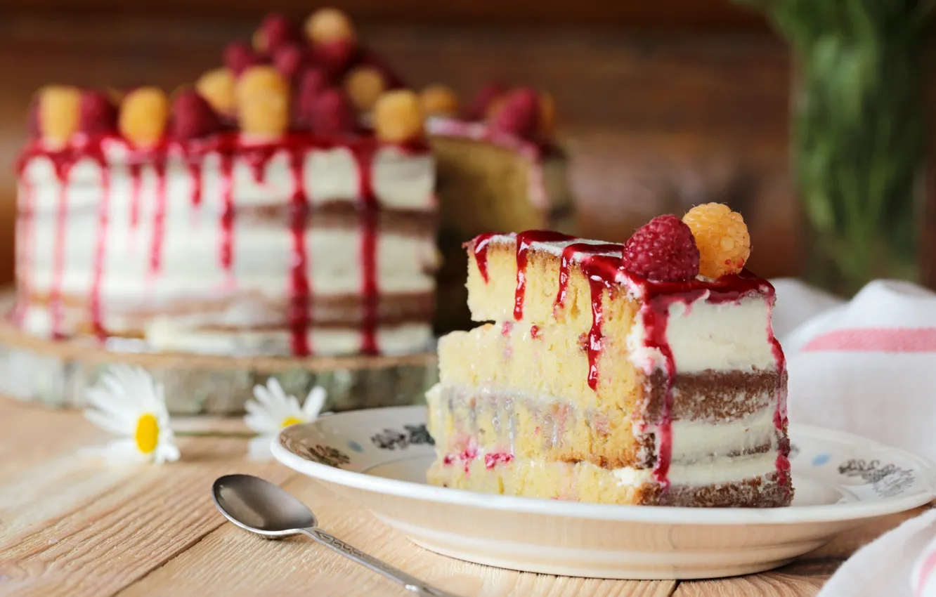 Photo wallpaper raspberry, chamomile, cake, dessert, piece, jam