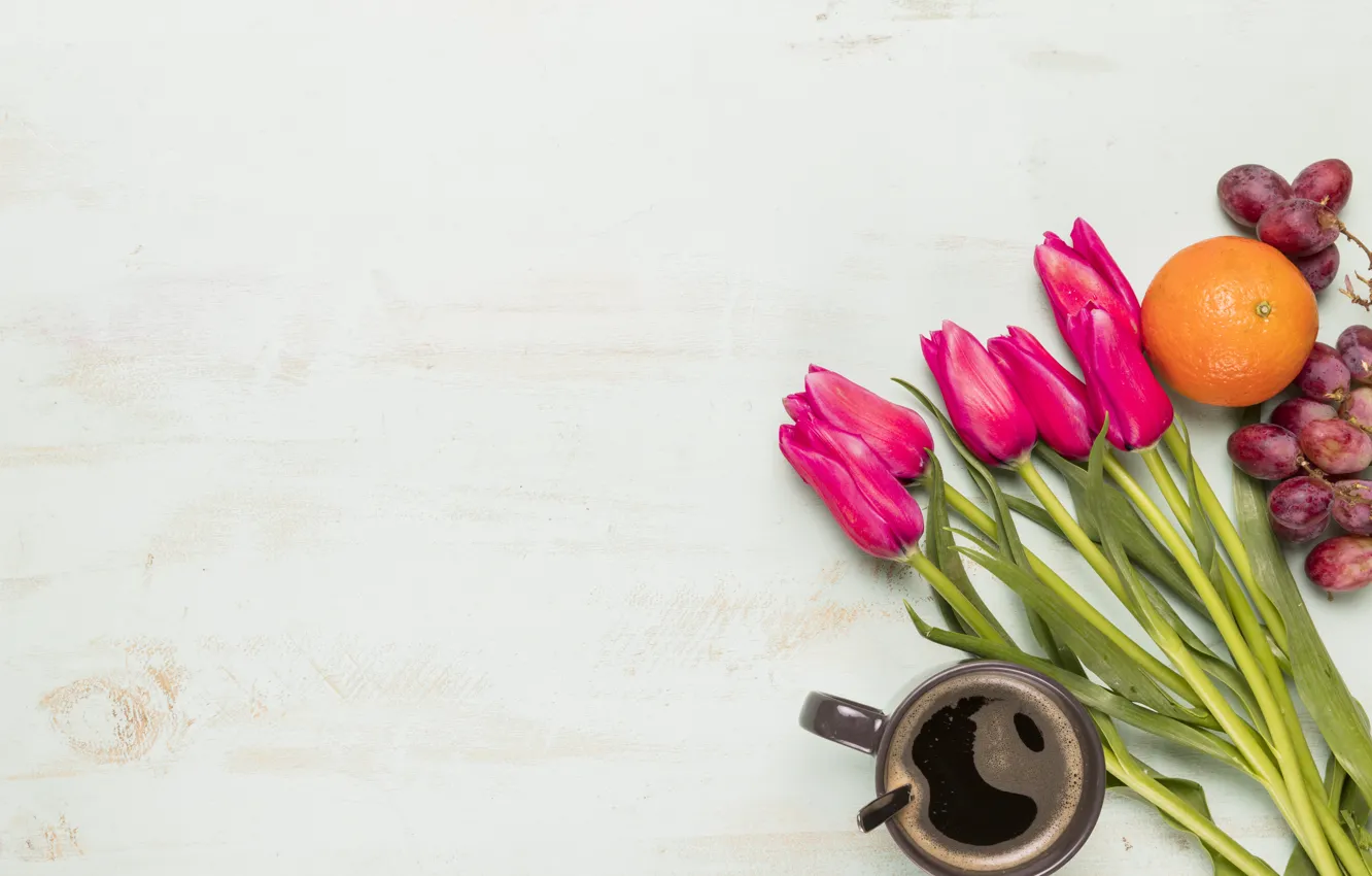 Photo wallpaper flowers, red, bouquet, tulips, red, fruit, wood, flowers
