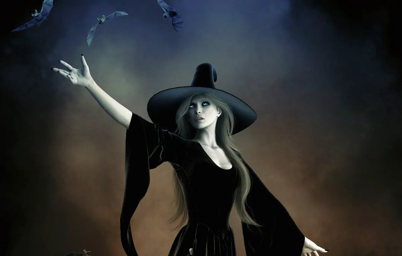 Photo wallpaper darkness, witch, bats, witch, witch hat, black magic, the curse