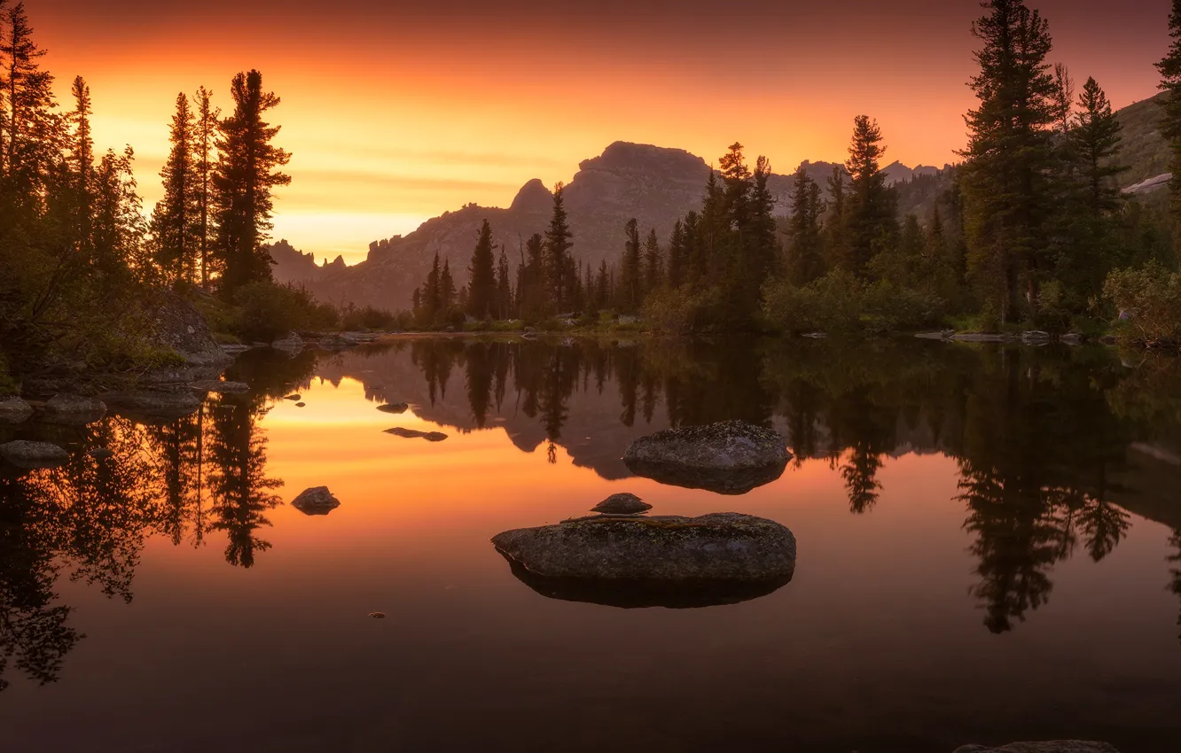 Photo wallpaper Sunset, Mountains, Lake, Forest, Stones
