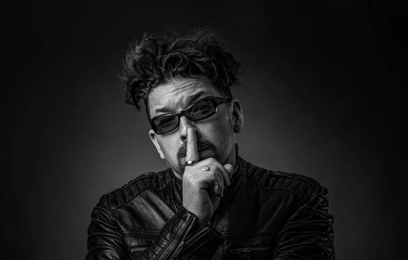 Photo wallpaper mustache, photo, glasses, jacket, black and white, male, gesture