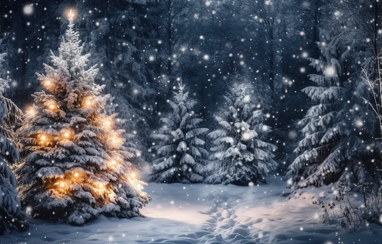 Photo wallpaper winter, forest, snow, decoration, night, lights, lights, tree
