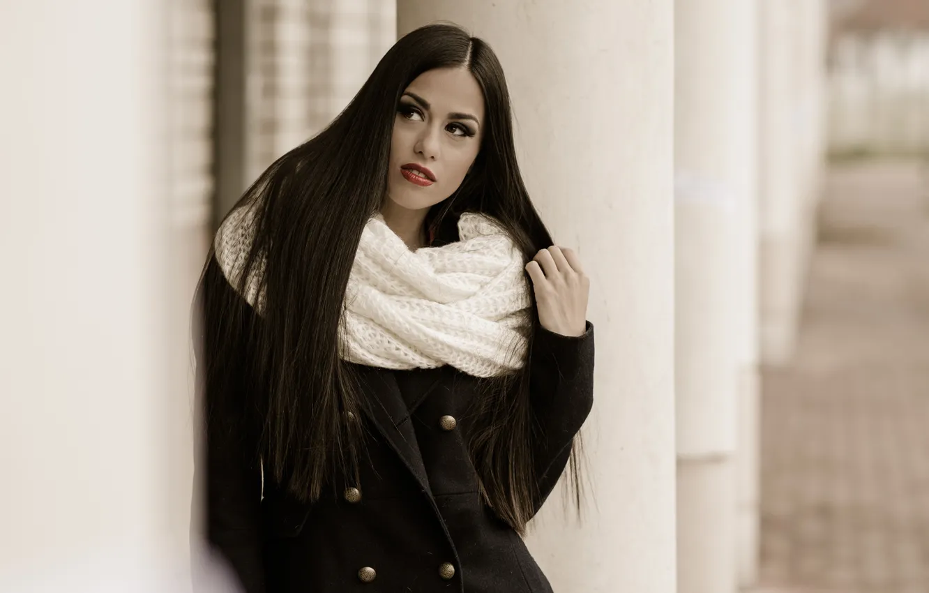 Photo wallpaper look, girl, face, background, hair, coat