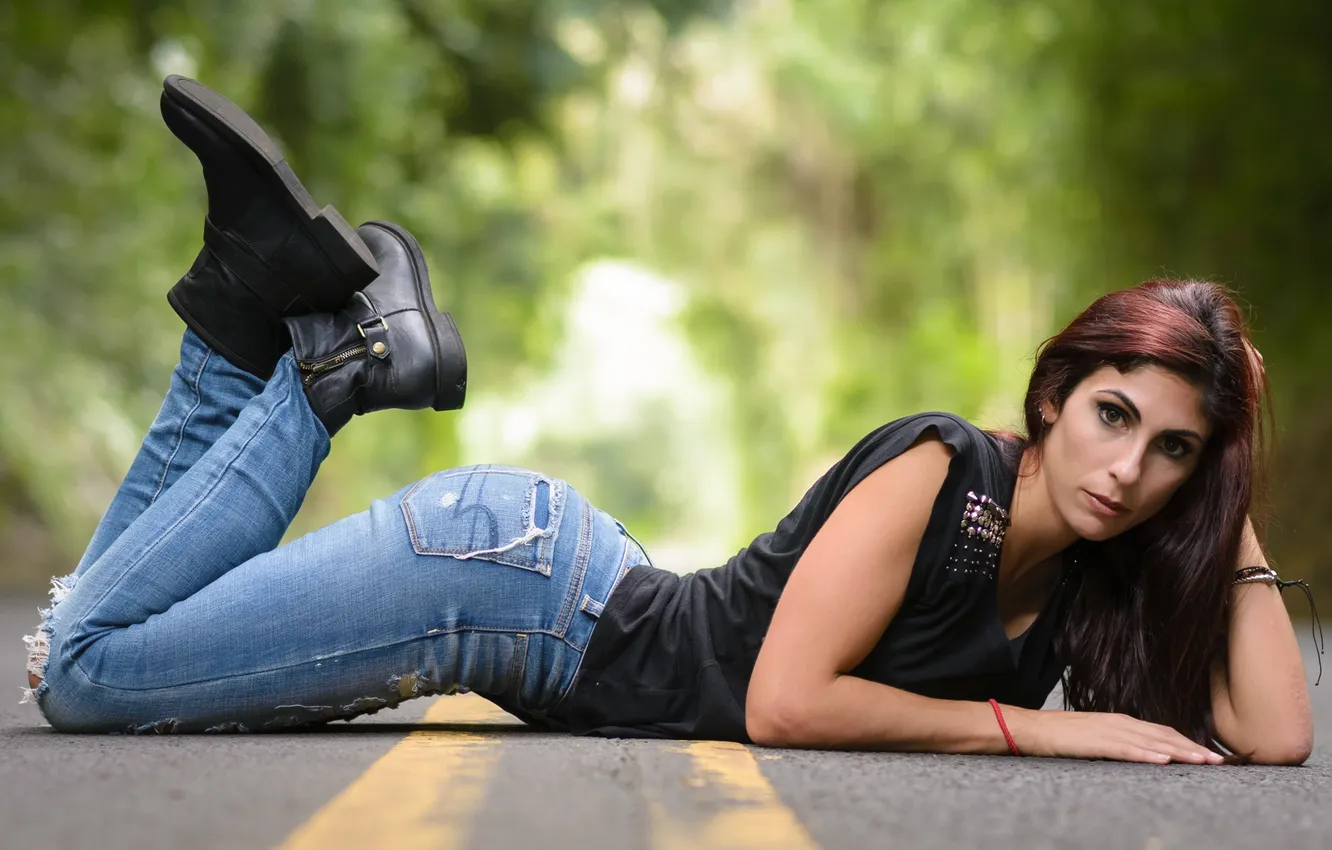 Photo wallpaper road, look, face, hair, jeans, Lexi