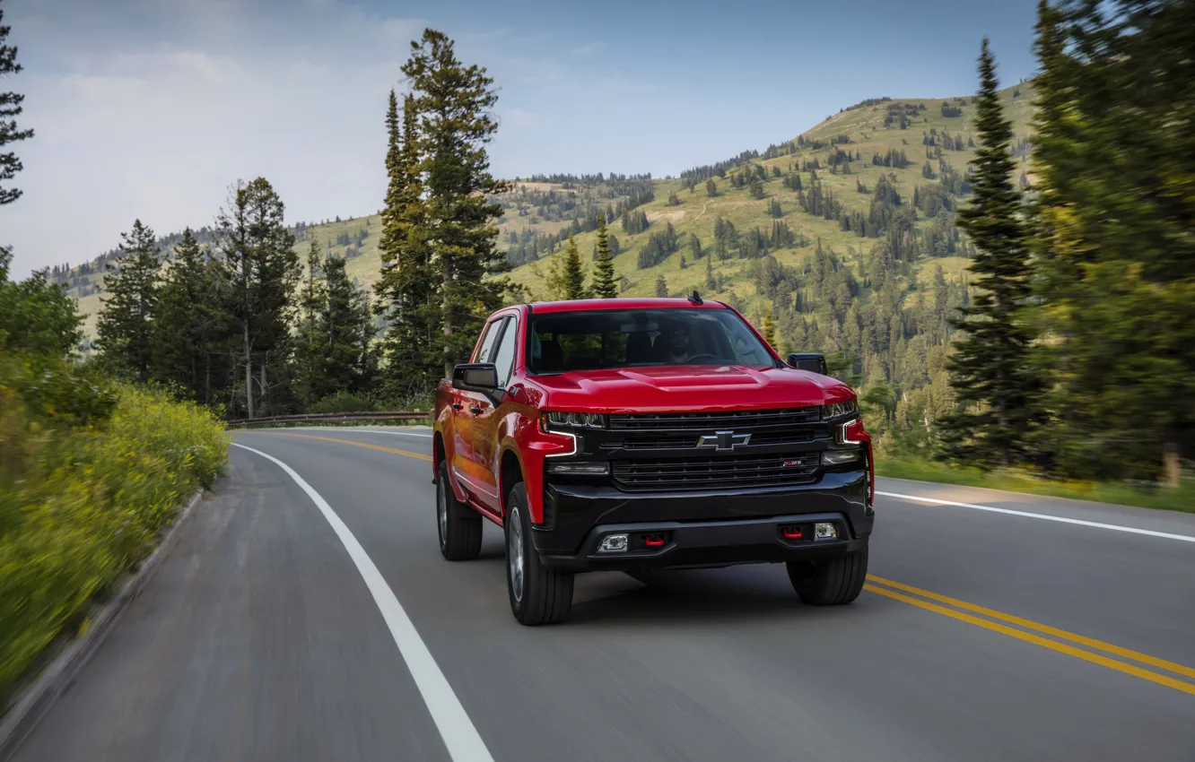 Photo wallpaper red, Chevrolet, pickup, Silverado, Z71, on the road, Trail Boss, 2019